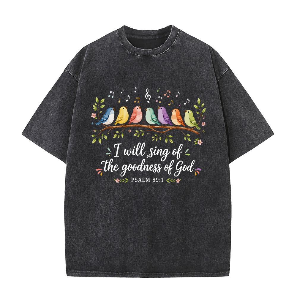 Christianartworkshop Branch Perched Songbirds Musical Note Floral Psalm 89:1 Worship Washed T‑Shirt - Black - 5XL - image 3