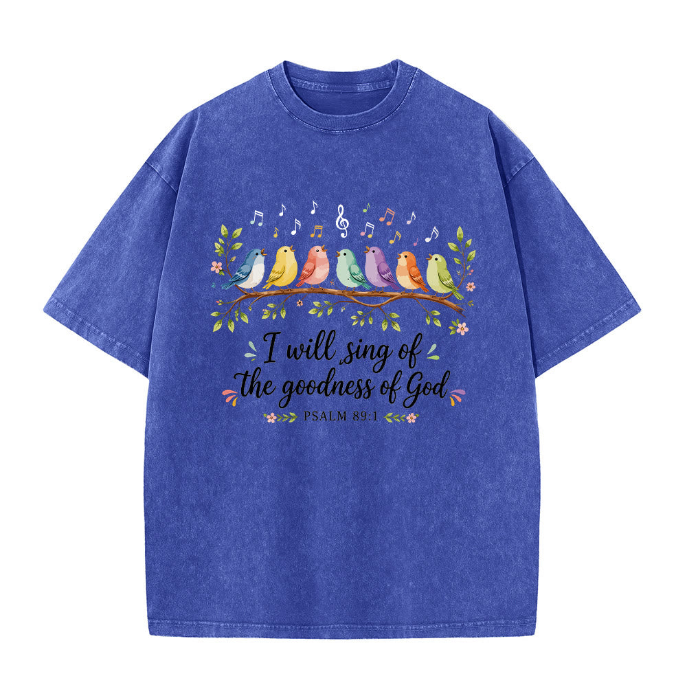 Christianartworkshop Branch Perched Songbirds Musical Note Floral Psalm 89:1 Worship Washed T‑Shirt - Blue - 5XL - image 5
