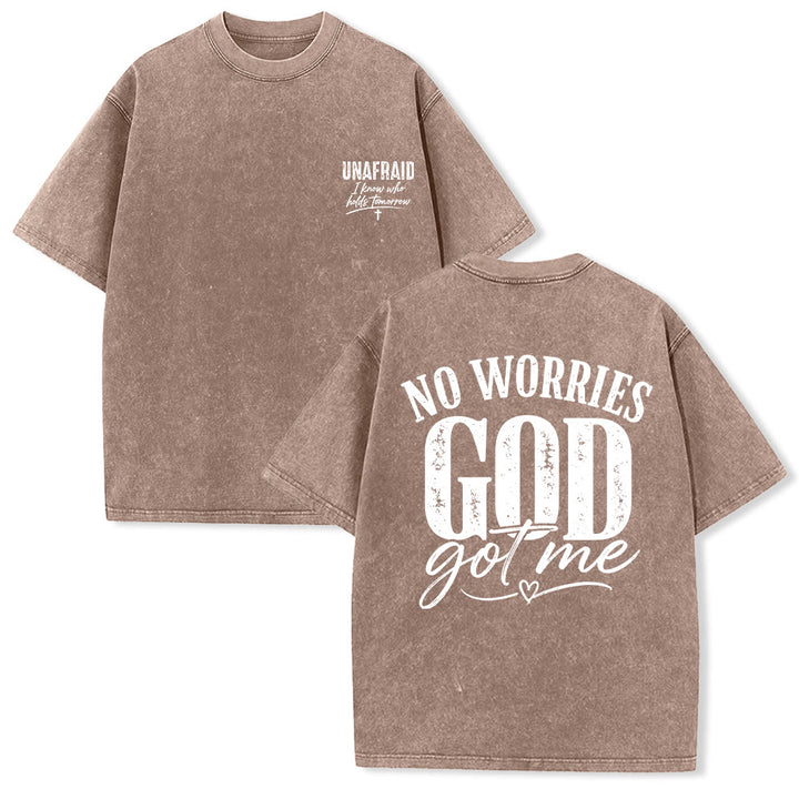 Christianartworkshop Left Chest Unafraid Cross Accent Back No Worries God Got Me Heart Detail Washed T‑Shirt - Brown - 5XL - image 3