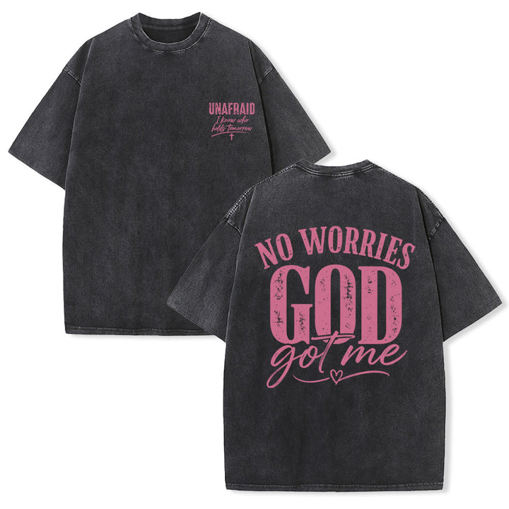 Christianartworkshop Left Chest Unafraid Cross Accent Back No Worries God Got Me Heart Detail Washed T‑Shirt - Black - 5XL - image 12