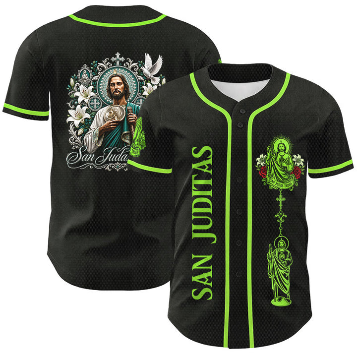 Christianartworkshop Front Vertical San Juditas Rosary Saint Graphic Back Lily Dove Saint Portrait Button-Up Baseball Jersey - Black - Green - 5XL - image 0