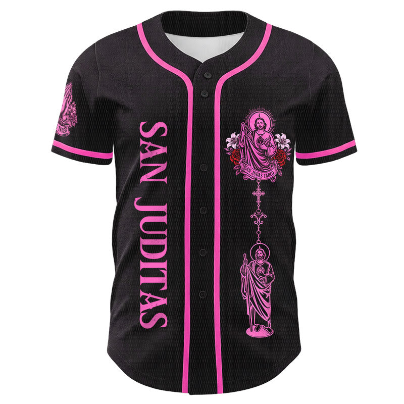 Christianartworkshop Front Vertical San Juditas Rosary Saint Graphic Back Lily Dove Saint Portrait Button-Up Baseball Jersey - image 4