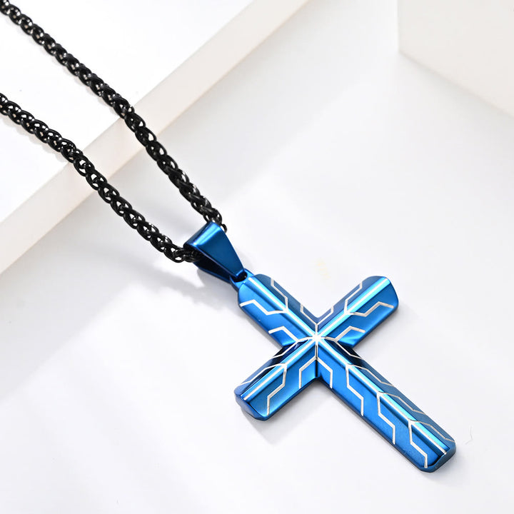 Christianartworkshop Gloss Blue Lightning Pattern Engraved Cross Pendant Necklace: Timeless Emblem of Gentle Heavenly Guardianship - image 3