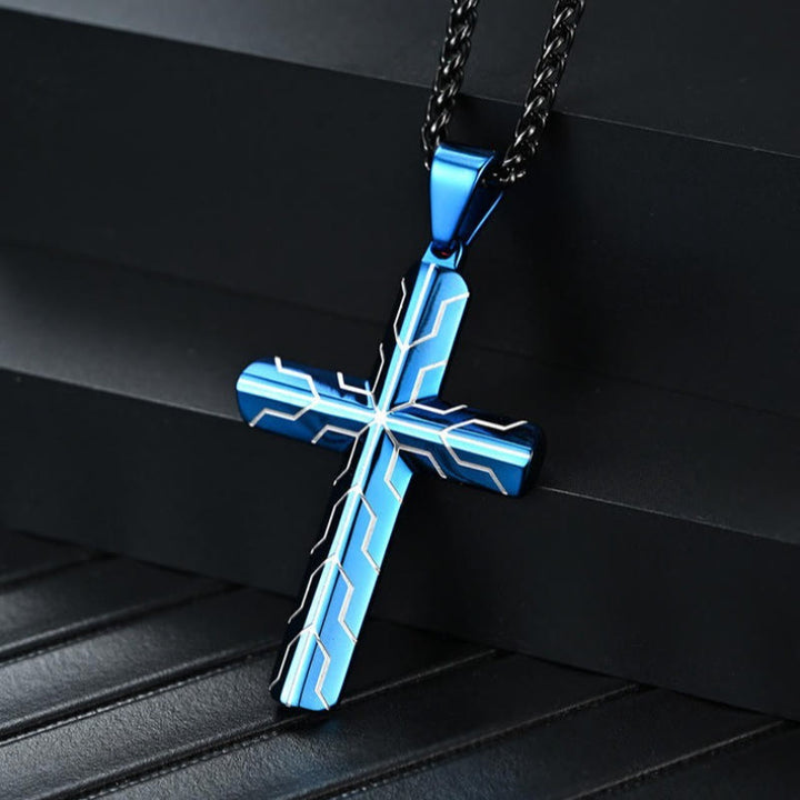 Christianartworkshop Gloss Golden & Blue Lightning Pattern Engraved Cross Pendant Necklace: Timeless Emblem of Gentle Heavenly Guardianship - image 7