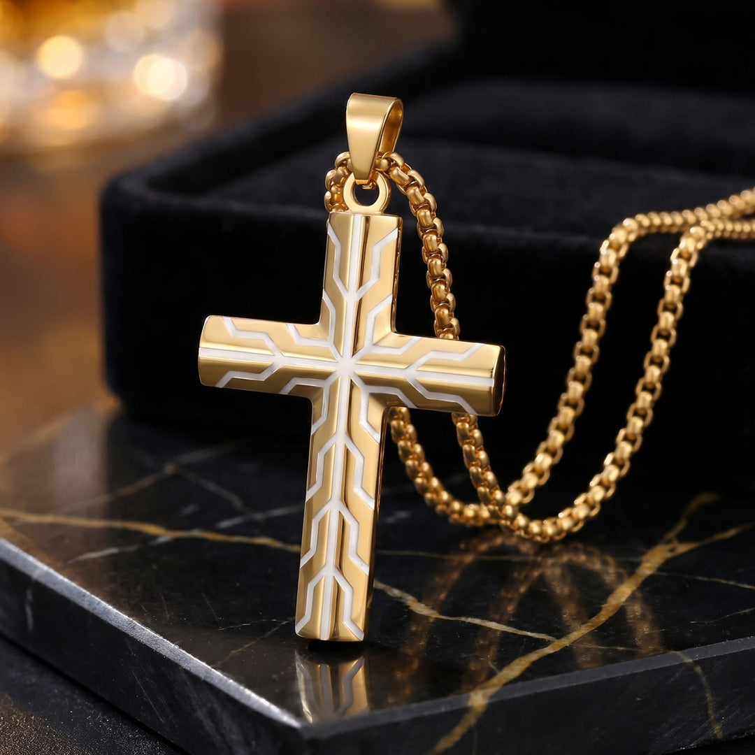 Christianartworkshop Gloss Golden & Blue Lightning Pattern Engraved Cross Pendant Necklace: Timeless Emblem of Gentle Heavenly Guardianship - Golden - image 0