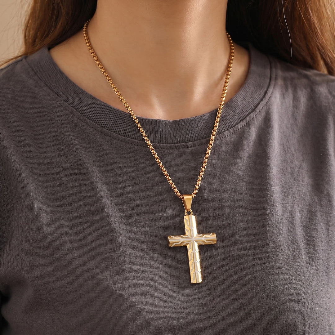 Christianartworkshop Gloss Golden & Blue Lightning Pattern Engraved Cross Pendant Necklace: Timeless Emblem of Gentle Heavenly Guardianship - image 2
