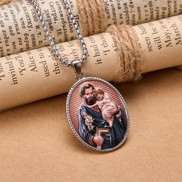 Christianartworkshop St. Joseph Oval Holy Image Pendant Necklace: Timeless Emblem of Gentle Heavenly Guardianship - Silver - image 4