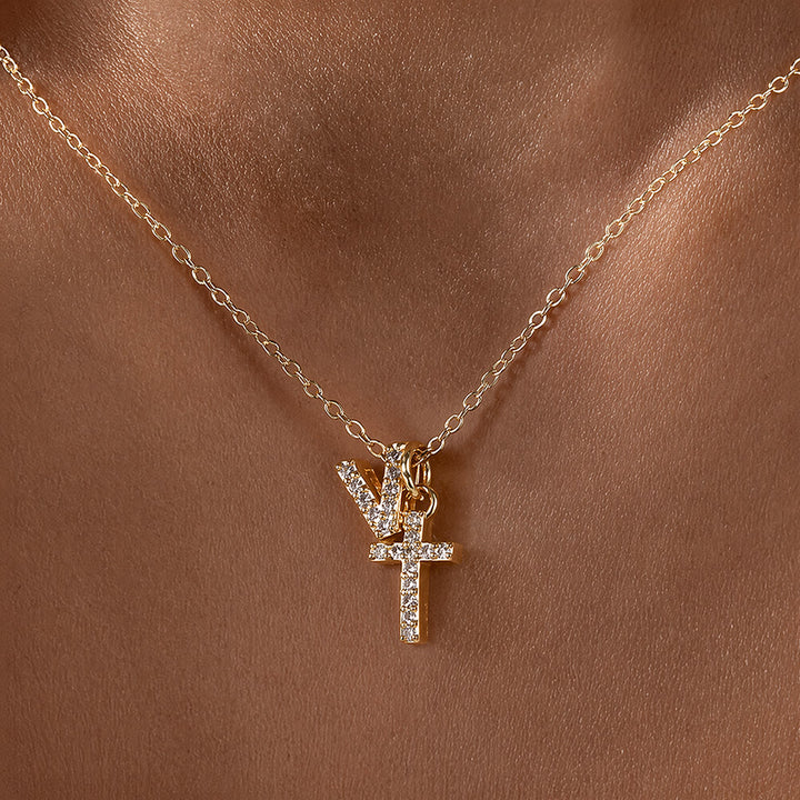 Christianartworkshop Custom Initial Letter A-Z Rhinestone Accent Cross Dual Charm Pendant Necklace: Timeless Emblem of Gentle Heavenly Guardianship - V - image 23