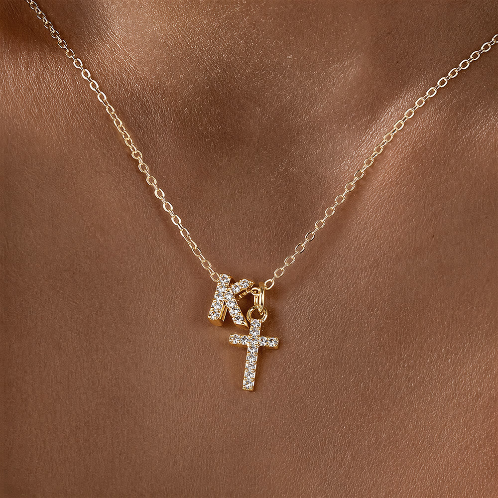Christianartworkshop Custom Initial Letter A-Z Rhinestone Accent Cross Dual Charm Pendant Necklace: Timeless Emblem of Gentle Heavenly Guardianship - K - image 12