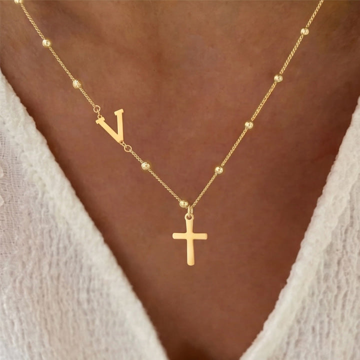Christianartworkshop Beaded Chain Custom A-Z Initial Letter Side Charm Cross Pendant Necklace: Timeless Emblem of Gentle Heavenly Guardianship - Golden - V - image 21