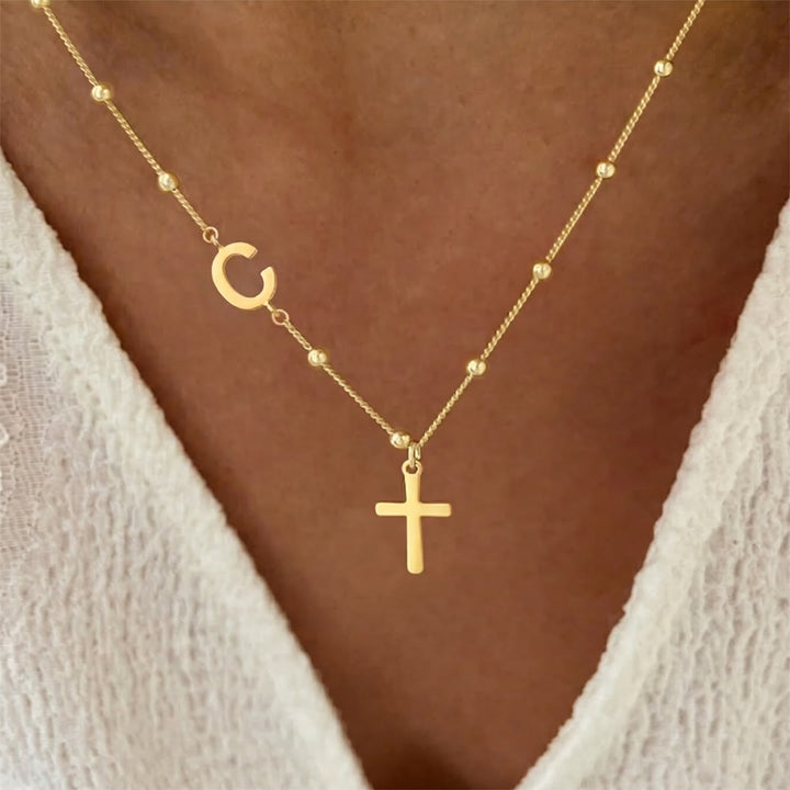 Christianartworkshop Beaded Chain Custom A-Z Initial Letter Side Charm Cross Pendant Necklace: Timeless Emblem of Gentle Heavenly Guardianship - Golden - C - image 3