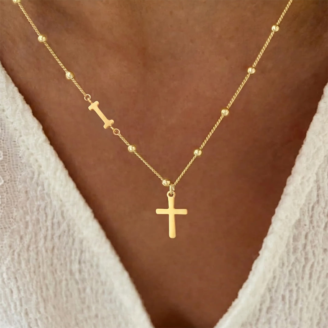Christianartworkshop Beaded Chain Custom A-Z Initial Letter Side Charm Cross Pendant Necklace: Timeless Emblem of Gentle Heavenly Guardianship - Golden - I - image 9