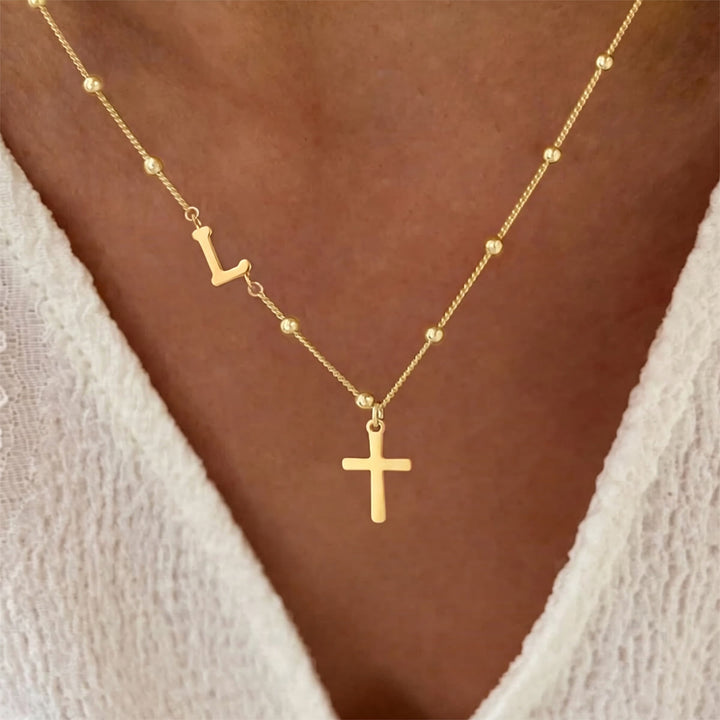 Christianartworkshop Beaded Chain Custom A-Z Initial Letter Side Charm Cross Pendant Necklace: Timeless Emblem of Gentle Heavenly Guardianship - Golden - L - image 11