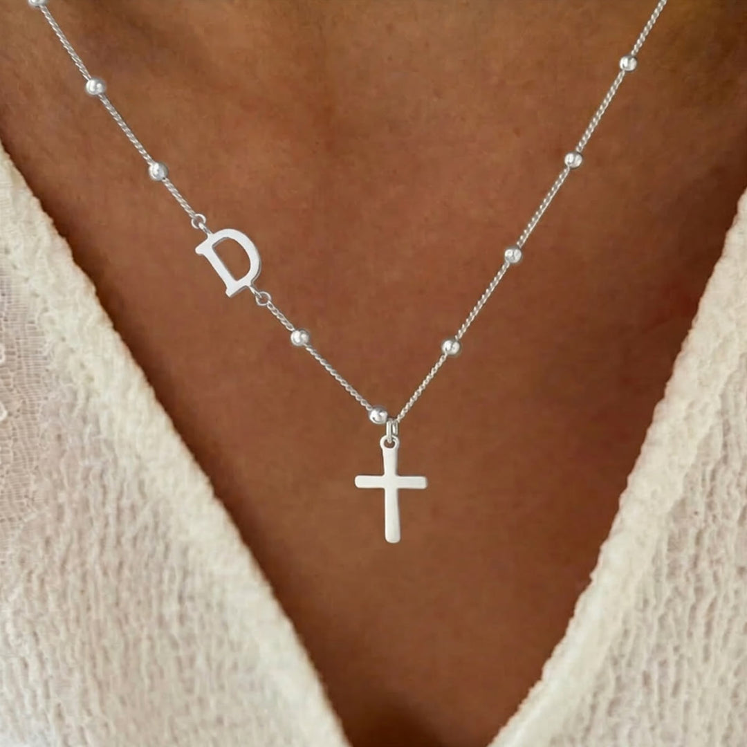 Christianartworkshop Beaded Chain Custom A-Z Initial Letter Side Charm Cross Pendant Necklace: Timeless Emblem of Gentle Heavenly Guardianship - Silver - D - image 30