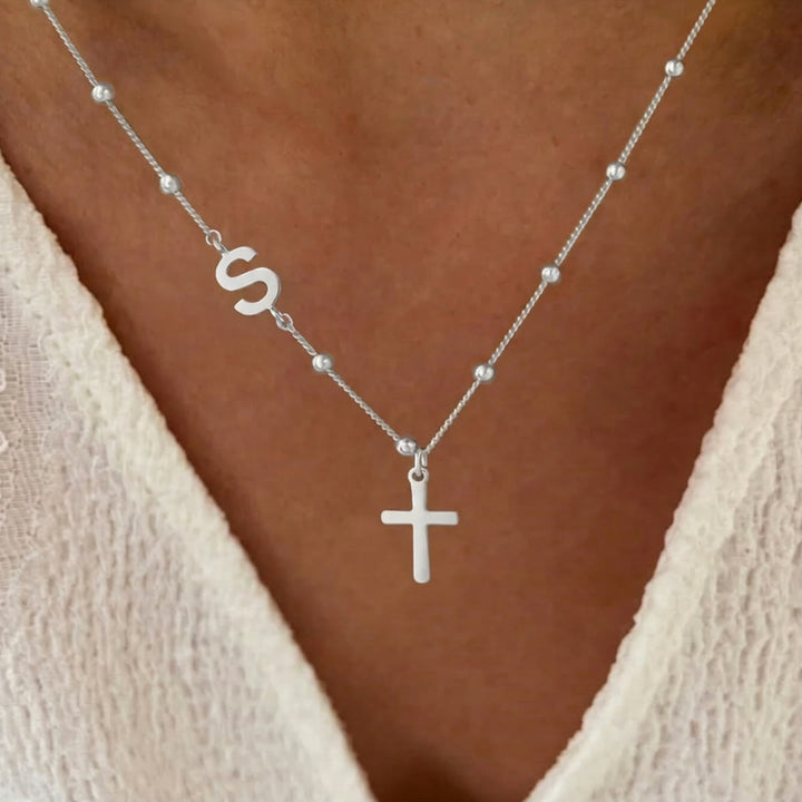 Christianartworkshop Beaded Chain Custom A-Z Initial Letter Side Charm Cross Pendant Necklace: Timeless Emblem of Gentle Heavenly Guardianship - Silver - S - image 44