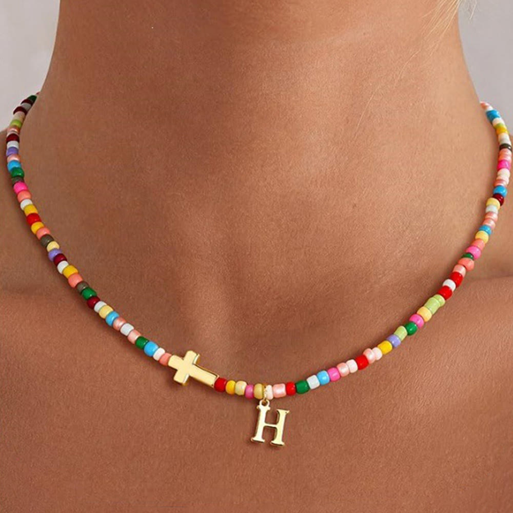 Christianartworkshop Personalized Alphabet Letter Cross Ornament Vibrant Bead Choker Necklace: Timeless Emblem of Gentle Heavenly Guardianship - H - image 10