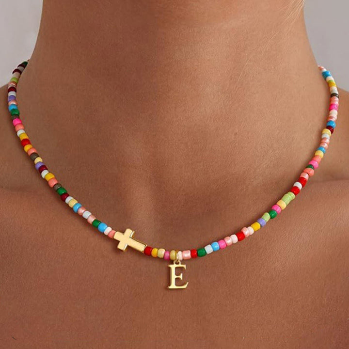 Christianartworkshop Personalized Alphabet Letter Cross Ornament Vibrant Bead Choker Necklace: Timeless Emblem of Gentle Heavenly Guardianship - E - image 7