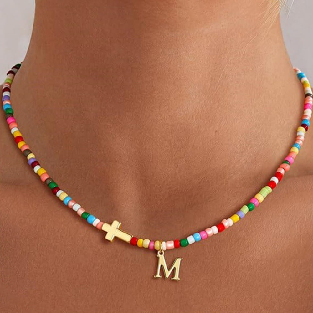 Christianartworkshop Personalized Alphabet Letter Cross Ornament Vibrant Bead Choker Necklace: Timeless Emblem of Gentle Heavenly Guardianship - M - image 14