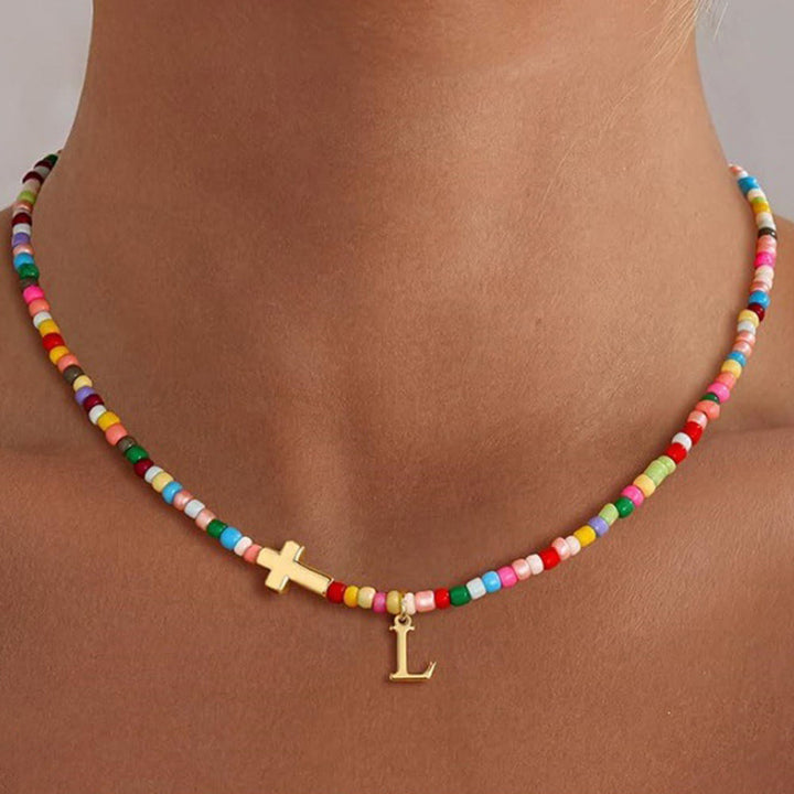 Christianartworkshop Personalized Alphabet Letter Cross Ornament Vibrant Bead Choker Necklace: Timeless Emblem of Gentle Heavenly Guardianship - L - image 13