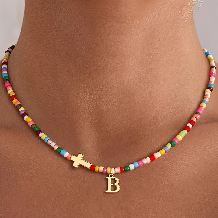 Christianartworkshop Personalized Alphabet Letter Cross Ornament Vibrant Bead Choker Necklace: Timeless Emblem of Gentle Heavenly Guardianship - B - image 3