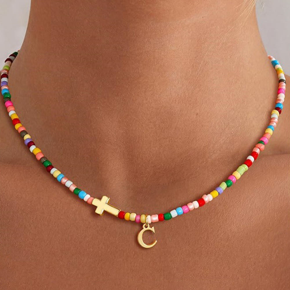 Christianartworkshop Personalized Alphabet Letter Cross Ornament Vibrant Bead Choker Necklace: Timeless Emblem of Gentle Heavenly Guardianship - C - image 4
