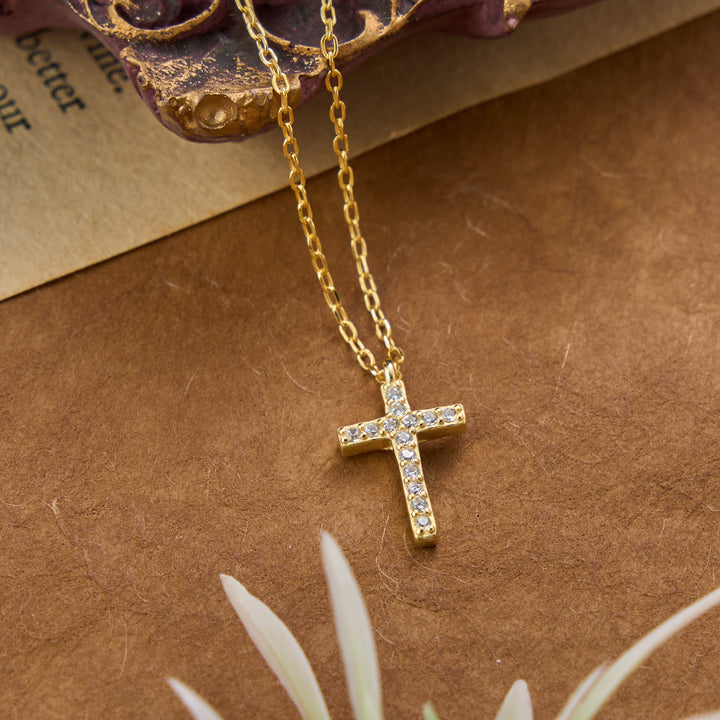Christianartworkshop Dainty Sterling Silver Paved Accent Small Cross Daily Layering Necklace: Timeless Emblem of Gentle Heavenly Guardianship - Golden - image 2