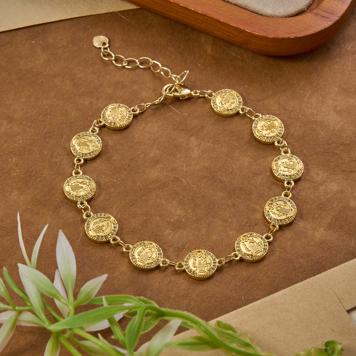 Christianartworkshop St. Benedict Medal Sparkling Rim Embossed Link Bracelet: Timeless Emblem of Gentle Heavenly Guardianship - St. Benedict - image 0