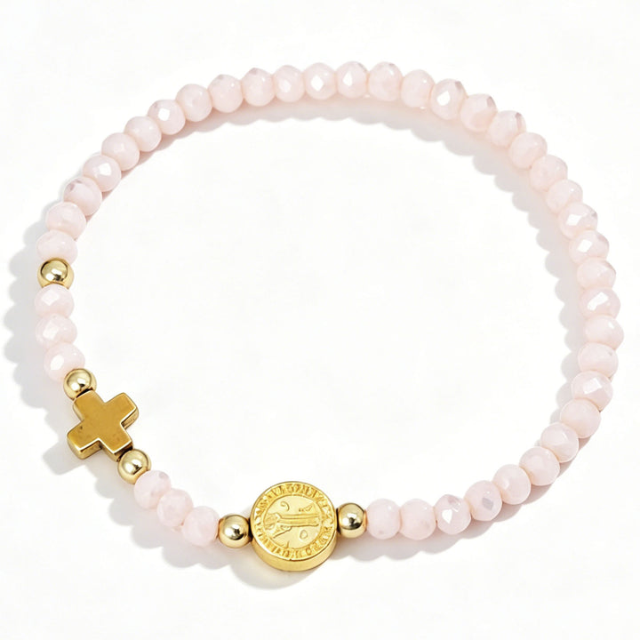 Christianartworkshop Saint Benedict Medal Cross Multi-Tone Bead Stretch Bracelet: Timeless Emblem of Gentle Heavenly Guardianship - Light Pink - image 7