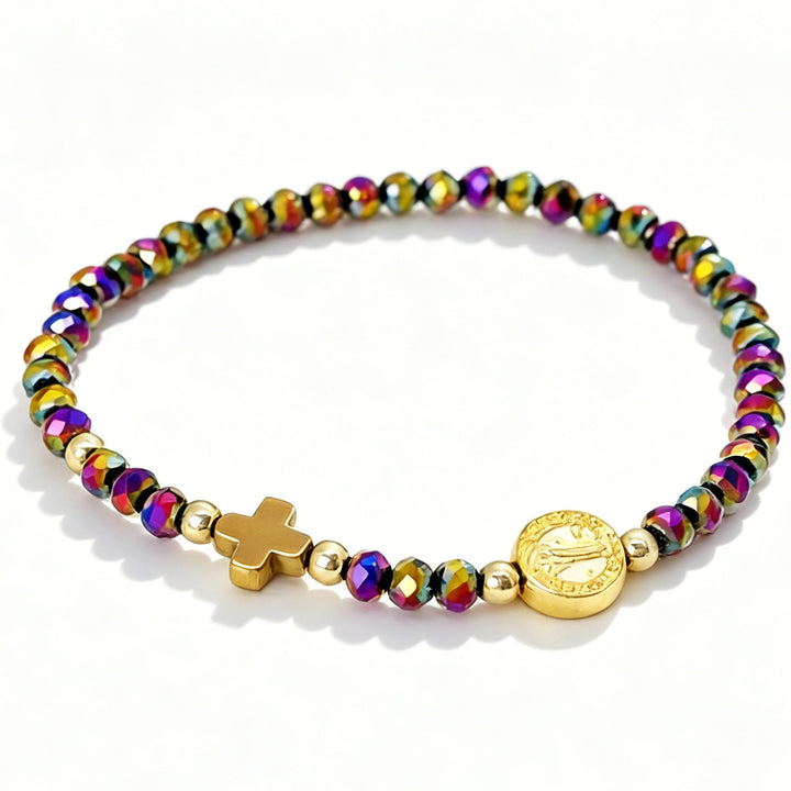 Christianartworkshop Saint Benedict Medal Cross Multi-Tone Bead Stretch Bracelet: Timeless Emblem of Gentle Heavenly Guardianship - Blue Violet - image 8