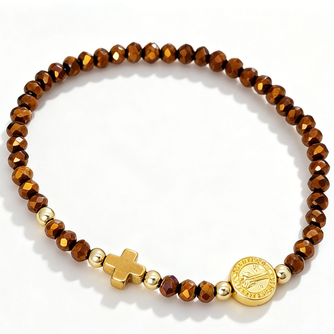 Christianartworkshop Saint Benedict Medal Cross Multi-Tone Bead Stretch Bracelet: Timeless Emblem of Gentle Heavenly Guardianship - Dark Yellow - image 6