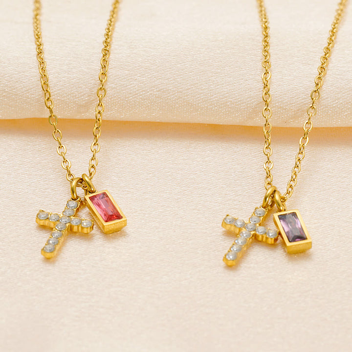 Christianartworkshop Custom Birth Month Rectangular Stone & Sparkle Cross Dual Charm Necklace: Timeless Emblem of Gentle Heavenly Guardianship - image 1