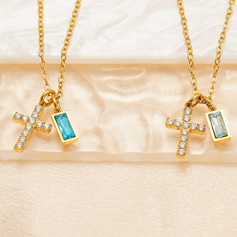Christianartworkshop Custom Birth Month Rectangular Stone & Sparkle Cross Dual Charm Necklace: Timeless Emblem of Gentle Heavenly Guardianship - image 2