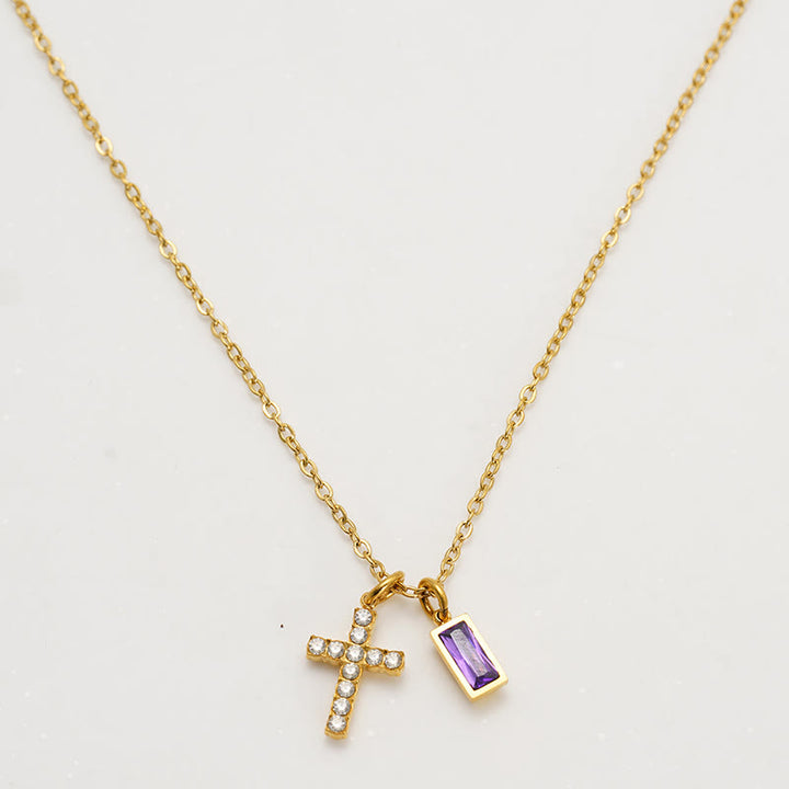 Christianartworkshop Custom Birth Month Rectangular Stone & Sparkle Cross Dual Charm Necklace: Timeless Emblem of Gentle Heavenly Guardianship - February - image 4