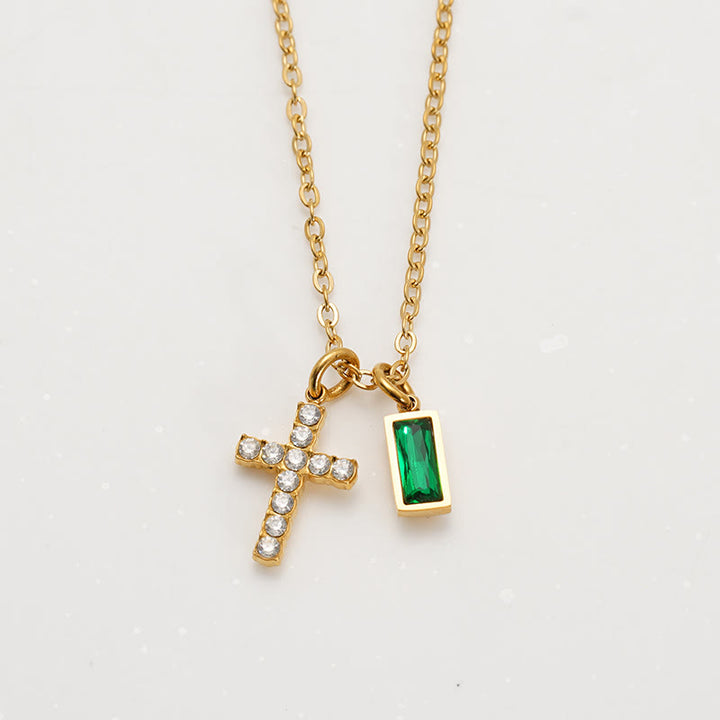 Christianartworkshop Custom Birth Month Rectangular Stone & Sparkle Cross Dual Charm Necklace: Timeless Emblem of Gentle Heavenly Guardianship - May - image 9