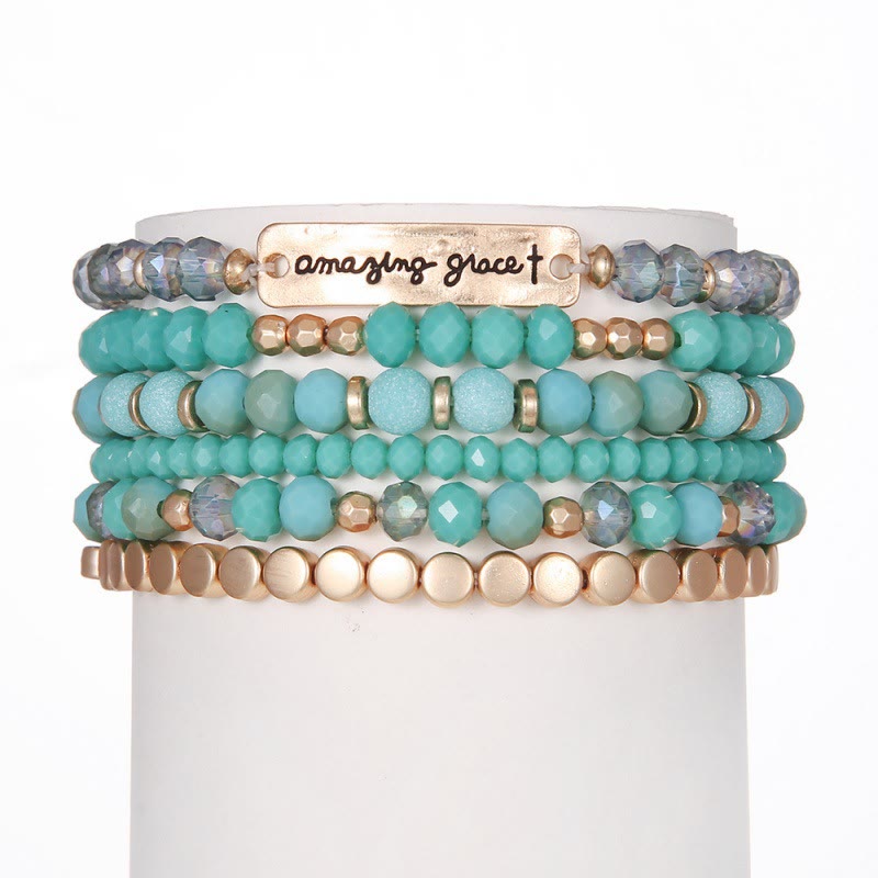 Christianartworkshop Amazing Grace Engraved Plate Multi-Tone Bead Stackable Single Stretch Bracelet: Timeless Emblem of Gentle Heavenly Guardianship - image 2