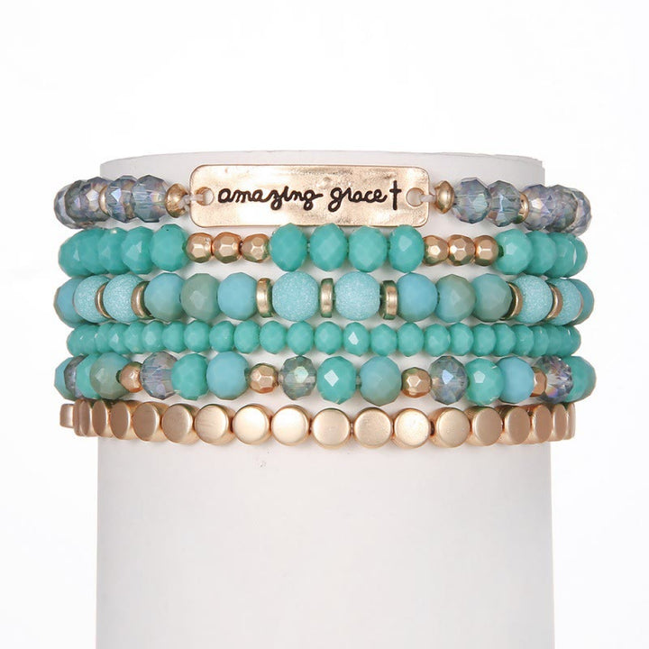 Christianartworkshop Amazing Grace Engraved Plate Multi-Tone Bead Stackable Single Stretch Bracelet: Timeless Emblem of Gentle Heavenly Guardianship - image 2