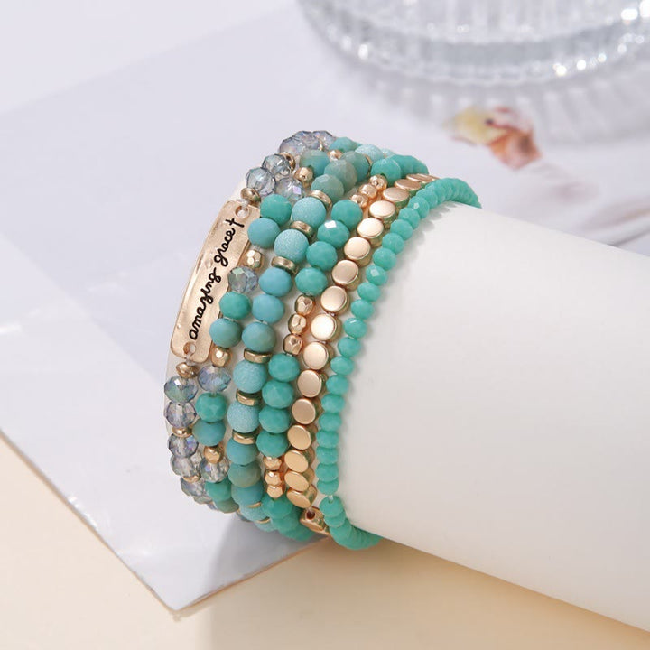 Christianartworkshop Amazing Grace Engraved Plate Multi-Tone Bead Stackable Single Stretch Bracelet: Timeless Emblem of Gentle Heavenly Guardianship - Blue - image 1