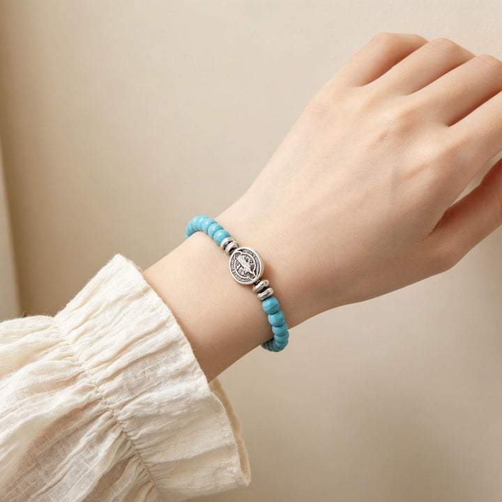 Christianartworkshop Saint Benedict Medal Natural Stone Bead Single Stretch Stackable Bracelet: Timeless Emblem of Gentle Heavenly Guardianship - image 2