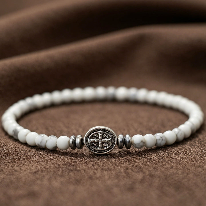 Christianartworkshop Saint Benedict Medal Natural Stone Bead Single Stretch Stackable Bracelet: Timeless Emblem of Gentle Heavenly Guardianship - Howlite - image 4