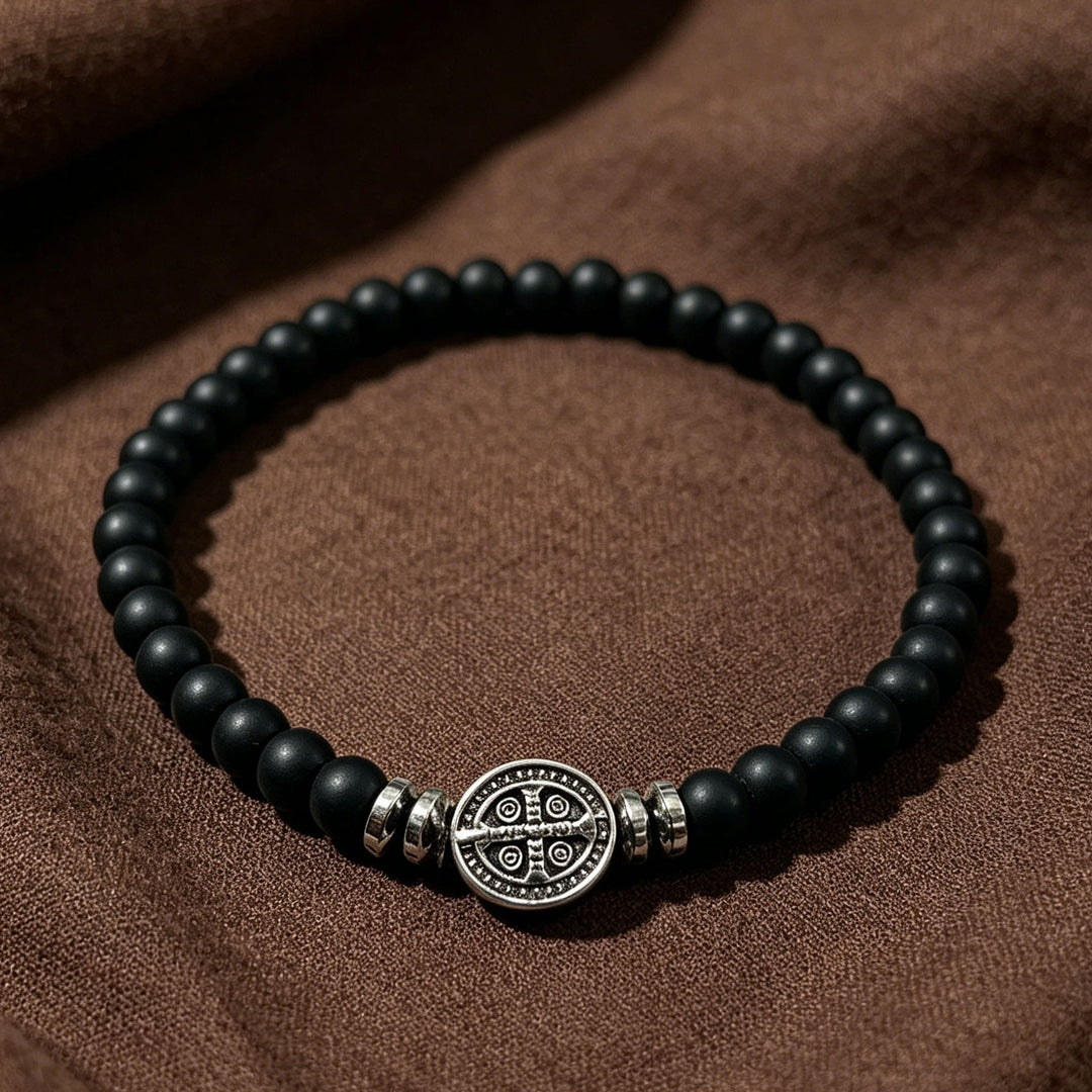 Christianartworkshop Saint Benedict Medal Natural Stone Bead Single Stretch Stackable Bracelet: Timeless Emblem of Gentle Heavenly Guardianship - Matte Obsidian - image 8