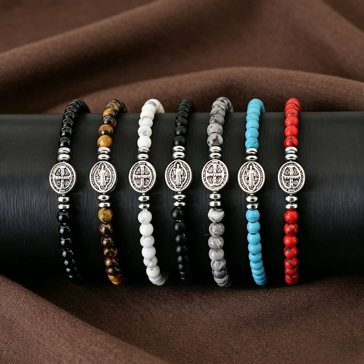 Christianartworkshop Saint Benedict Medal Natural Stone Bead Single Stretch Stackable Bracelet: Timeless Emblem of Gentle Heavenly Guardianship - image 0