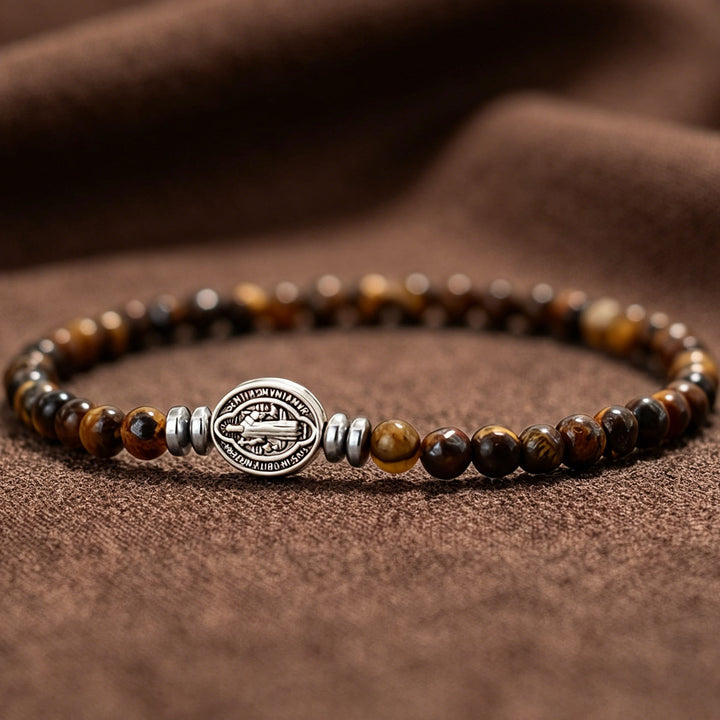 Christianartworkshop Saint Benedict Medal Natural Stone Bead Single Stretch Stackable Bracelet: Timeless Emblem of Gentle Heavenly Guardianship - Tiger Eye - image 5