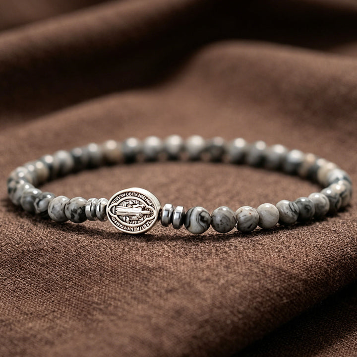 Christianartworkshop Saint Benedict Medal Natural Stone Bead Single Stretch Stackable Bracelet: Timeless Emblem of Gentle Heavenly Guardianship - Map Stone - image 3