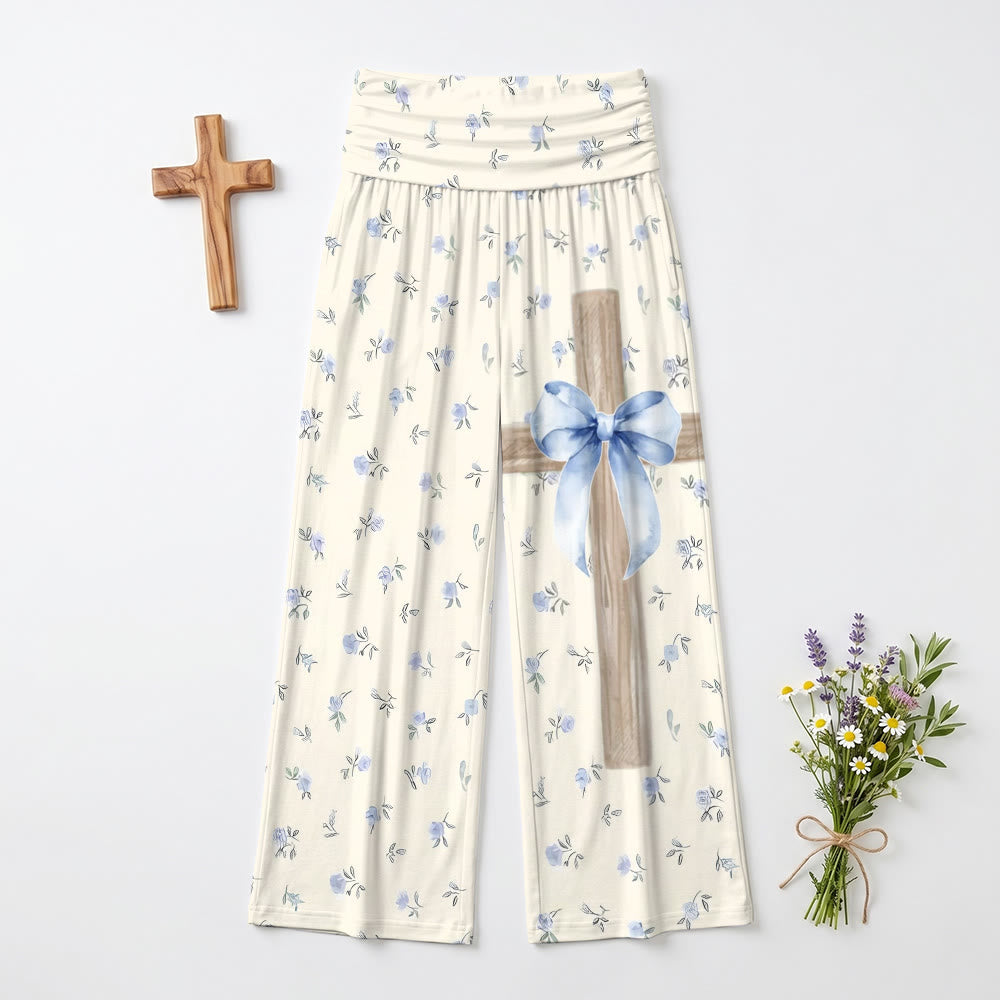 Christianartworkshop Watercolor Ditsy Floral Allover Print Wood Texture Cross Blue Bow Decoration Wide Leg Pants - image 1
