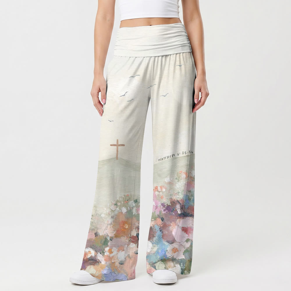 Christianartworkshop Impasto Landscape Cross Seagull Matthew 6:25‑34 Scripture Print High Waist Wide Leg Pants - image 1