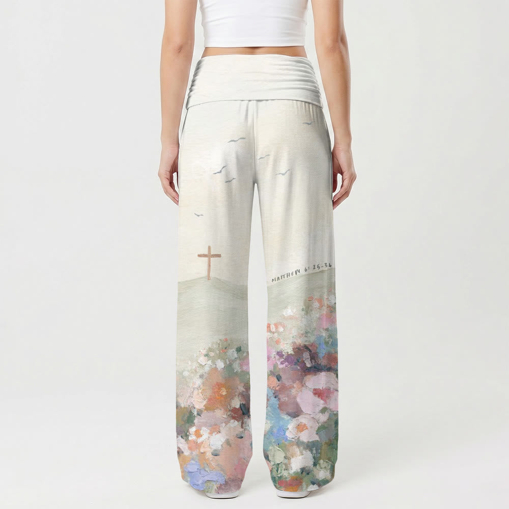 Christianartworkshop Impasto Landscape Cross Seagull Matthew 6:25‑34 Scripture Print High Waist Wide Leg Pants - image 2