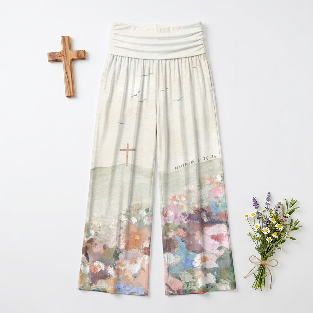 Christianartworkshop Impasto Landscape Cross Seagull Matthew 6:25‑34 Scripture Print High Waist Wide Leg Pants - US22,UK/AU26,EU54(6XL) - image 0