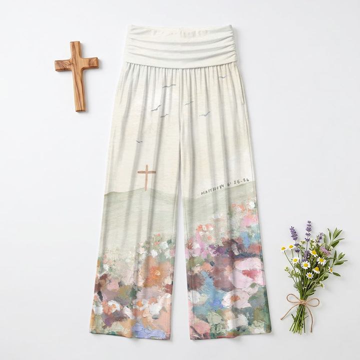 Christianartworkshop Impasto Landscape Cross Seagull Matthew 6:25‑34 Scripture Print High Waist Wide Leg Pants - US22,UK/AU26,EU54(6XL) - image 0