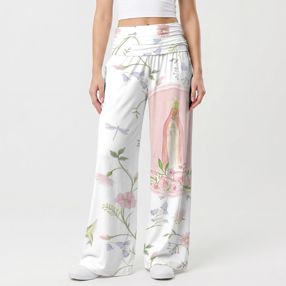 Christianartworkshop Watercolor Vine Floral Dragonfly Hummingbird Our Lady Portrait Panel Print High Waist Wide Leg Pants - US22,UK/AU26,EU54(6XL) - image 0