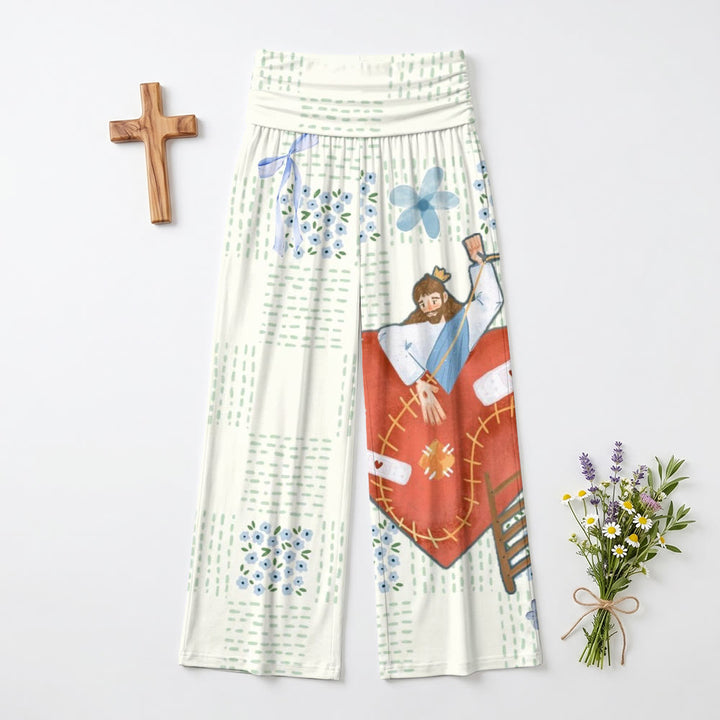 Christianartworkshop Stitch Dot Background Bow Forget‑me‑not Crown Jesus Red Heart Illustration High Waist Wide Leg Pants - image 2